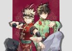  2boys ahoge asta_(black_clover) bangs black_clover black_hair black_headband black_pants chinese_clothes closed_mouth detached_sleeves floral_print green_shirt grey_hair grey_pants hair_between_eyes headband long_shirt long_sleeves looking_at_viewer male_focus multiple_boys open_mouth outstretched_arm outstretched_hand pants red_shirt rose_print sekkkkkasgr shirt short_hair smile spiked_hair wide_sleeves yuno_(black_clover) 