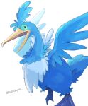  absurdres artist_name bird blue_wings cramorant green_eyes highres momota_pix no_humans open_mouth pokemon pokemon_(creature) solo standing white_background wings 
