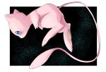  animal_focus artist_name black_background blue_eyes blush border commentary floating from_side full_body highres leaning_forward looking_at_viewer mew no_humans outside_border pawpads pokemon pokemon_(creature) shia_(shi12_poke) signature simple_background solo white_border 