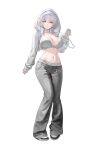  1girl absurdres alternate_costume baggy_pants bra breasts character_name clothes_writing denim full_body goddess_of_victory:_nikke grey_bra grey_panties grey_pants highres holding holding_mp3_player hood hood_up hooded_jacket jacket jeans large_breasts light_frown long_sleeves looking_at_viewer mp3_player navel panties pants scar scar_on_stomach simple_background snow_white_(nikke) solo standing stomach underwear underwear_writing white_background white_hair white_theme yellow_eyes young99 