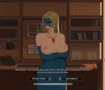  1girl absurdres amugea arm_under_breasts averting_eyes bare_shoulders blonde_blazer blonde_hair blue_dress blue_eyes blue_gloves blue_mask blush breasts breasts_out choice cleavage curvy dialogue_options dispatch domino_mask dress elbow_gloves english_text eye_mask gameplay_mechanics gem gloves highres jewelry large_breasts long_dress long_hair mask necklace nipples no_bra red_gem side_slit smile solo strapless strapless_dress subtitled user_interface variant_set 
