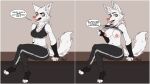  anthro arm_warmers armwear bottomwear bra canid canine canis clothed clothing crossed_legs dialogue female flashing flashing_breasts fur hi_res inner_ear_fluff looking_at_viewer mammal nava_(theart_10) nipples pants raised_clothing raised_topwear sitting solo speech_bubble sports_bra theart_10 topwear topwear_lift tuft underwear white_body white_fur wolf workout_clothing 