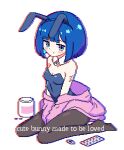  1girl alternate_costume animal_ears arms_between_legs bangs bare_shoulders blue_eyes blue_hair blue_leotard blunt_bangs blush bob_cut breasts chibikki chromatic_aberration cleavage closed_mouth clothes_removed collarbone cuts detached_collar dot_mouth english_text fake_animal_ears full_body injury leotard looking_at_viewer medicine_bottle nanako_(chibikki) original pantyhose pill pixel_art playboy_bunny rabbit_ears self_harm short_hair simple_background sitting small_breasts solo strapless strapless_leotard wariza white_background 