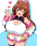  1girl absurdres blush breasts character_request cleavage cleavage_cutout clothing_cutout commentary_request crop_top eyebrows_hidden_by_hair hair_ribbon hand_on_own_hip heart highres hitokiwa_kenchin huge_breasts jacket long_hair looking_at_viewer medarot multicolored_jacket navel one_eye_closed open_mouth pink_ribbon ribbon shirt smile solo thigh_strap white_shirt 