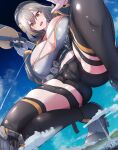  1girl absurdres ahoge anis_(nikke) artist_name beret black_hat black_shoes black_shorts black_thighhighs blue_sky breasts brown_eyes brown_hair building city cloud commentary_request destruction from_below giant giantess goddess_of_victory:_nikke gun hat highres holding holding_gun holding_weapon large_breasts looking_at_viewer looking_down natsukaze_shigure open_mouth outdoors shoes short_hair short_shorts shorts sky solo squatting thighhighs watermark weapon 