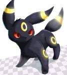  animal_focus artist_name checkered_floor colored_sclera commentary facial_mark forehead_mark full_body glowing highres no_humans no_mouth pokemon pokemon_(creature) red_eyes red_sclera shia_(shi12_poke) signature simple_background solo standing umbreon white_background 
