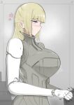 1girl alternate_hair_color android anger_vein blame! blonde_hair blue_eyes blunt_bangs blush breasts cibo commentary from_side grey_background heart highres joints large_breasts long_hair looking_to_the_side mechanical_arms penamon robot robot_girl robot_joints science_fiction solo xibo_clothes 