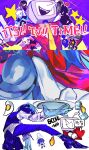  7szndc :d ant_tenna blue_eyes blue_hair blue_necktie blue_pants blue_shoes blue_skin blue_vest bottle cat chibi chibi_inset closed_mouth collared_shirt colored_skin deltarune egg_yolk english_text everyone fire grin hair_over_eyes highres holding holding_plate kris_(dark_world)_(deltarune) kris_(deltarune) milk_bottle multiple_boys necktie no_eyes object_head one_eye_closed outline pants pippins_(deltarune) plate plate_on_head red_shirt score shadowguy_(deltarune) shirt shoes smile star_(symbol) teeth television upper_teeth_only utdr_(toby_fox) vest waiter white_outline white_shirt yellow_necktie 