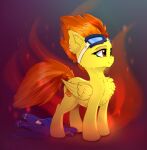  2019 absurd_res chest_tuft clothing cutie_mark digital_media_(artwork) dock equid equine eyebrows eyelashes eyewear eyewear_on_head feathered_wings feathers female feral fluffy folded_wings friendship_is_magic fur goggles goggles_on_head hair hasbro hi_res inner_ear_fluff looking_away mammal my_little_pony orange_eyes orange_hair orange_tail pegasus smile solo spitfire_(mlp) standing tail tuft wings wonderbolts_(mlp) xbi yellow_body yellow_feathers yellow_fur 