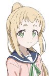  1girl bad_link blonde_hair closed_mouth green_eyes inose_mai koisuru_asteroid long_hair looking_at_viewer ponytail school_uniform solo 