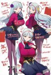  1girl ai-generated breasts circle commentary dress fate/strange_fake fate_(series) fillia_(fate) hair_between_eyes heart highres large_breasts multiple_views pantyhose red_dress red_eyes smile takotama02 white_hair 
