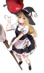  1girl apple apron black_shoes black_skirt black_vest blonde_hair braid broom brown_eyes closed_mouth expressionless food from_above fruit hat highres holding holding_broom kirisame_marisa long_hair mittens shirt shoes short_sleeves side_braid sira-iu skirt solo throwing touhou vest white_background white_mittens white_shirt witch_hat 