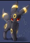  animal_focus artist_name blue_background colored_sclera commentary facial_mark forehead_mark full_body glowing highres letterboxed looking_to_the_side no_humans no_mouth pokemon pokemon_(creature) red_eyes red_sclera shia_(shi12_poke) signature simple_background solo standing umbreon 