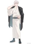  1boy aqua_eyes closed_mouth collarbone eyes_visible_through_hair gojou_satoru hair_over_eyes highres japanese_clothes jujutsu_kaisen kimono looking_at_viewer male_focus multiple_views sandals short_hair simple_background socks tabi white_background white_hair white_kimono white_socks wide_sleeves zhishuo418 zouri 