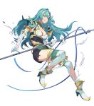  1girl ankle_boots aqua_hair armor belt boots braid breasts chloe_(fire_emblem) dress earrings elbow_gloves fire_emblem fire_emblem_engage fire_emblem_heroes full_body garter_straps gloves green_eyes hair_ornament highres jewelry kainown long_hair medium_breasts non-web_source official_art pelvic_curtain short_dress shoulder_armor solo thighhighs transparent_background zettai_ryouiki 