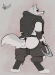  2023 absurd_res anthro arm_wraps biped black_clothing black_sclera bottomwear bulge butt canid canine canis cloak clothing covertcanine death_(puss_in_boots) digital_media_(artwork) digitigrade dreamworks fur grey_background grey_body grey_fur hi_res holding_object holding_weapon hooded_cloak looking_at_viewer male mammal melee_weapon multicolored_body multicolored_fur pants presenting presenting_hindquarters puss_in_boots_(film) puss_in_boots_the_last_wish red_eyes sickle signature simple_background smile solo tail thong torn_clothing two_tone_body two_tone_fur underwear weapon wolf wraps 