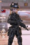  1girl animal_ears assault_rifle blonde_hair blue_eyes blurry blurry_background bulletproof_vest fang_zhenjun gloves goggles goggles_on_head gun handgun headphones helmet holding holding_gun holding_weapon holster holstered_weapon knee_pads looking_at_viewer magazine_(weapon) medium_hair military original republic_of_china_army republic_of_china_flag rifle scope soldier solo tactical_clothes taiwan thigh_holster thigh_strap weapon 