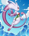  absurd_res anthro blush breasts clothed clothing day female generation_1_pokemon hi_res hitmanatee legendary_pokemon looking_at_viewer mewtwo nintendo outside pokemon pokemon_(species) purple_body red_eyes solo swimwear water 