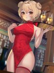  1girl alternate_hairstyle baby_bao bare_arms blonde_hair blurry blurry_background breasts china_dress chinese_clothes closed_mouth covered_navel cowboy_shot cup double_bun dress drinking_glass genshin_impact hair_bun highres holding holding_tray looking_at_viewer lumine_(genshin_impact) medium_breasts open_mouth pelvic_curtain red_dress red_thighhighs short_hair single_thighhigh smile solo thighhighs tray yellow_eyes 