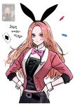 1girl ace_(playing_card) ace_of_spades animal_ear_hairband animal_ears belt black_belt blush_stickers bow bowtie card detached_collar fake_animal_ears game_screenshot hairband jacket long_hair long_sleeves looking_at_viewer ocolayapap orange_eyes orange_hair pink_bow pink_bowtie playing_card poker_chip rabbit_ear_hairband rabbit_ears red_jacket shiba_yuzuha smile spade_(shape) tailcoat_playboy_bunny tokyo_revengers tokyo_revengers_pazuribe! upper_body white_wrist_cuffs wrist_cuffs 