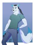  absurd_res anthro arctic_fox black_hair blue_body blue_ears blue_eyes blue_fur bottomwear briefthief canid canine clothed clothing dipstick_tail fingerless_(marking) fingers fox fur gloves_(marking) grey_bottomwear grey_clothing grey_pants hair hi_res inner_ear_fluff male mammal markings neck_tuft pants ponytail shirt simple_background solo standing tail tail_markings topwear tuft whiskers white_body white_fur 