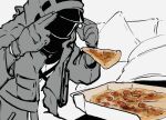  1other arknights commentary_request doctor_(arknights) food gloves hood hooded_jacket jacket limited_palette man_levitating_pizza_(meme) meme open_clothes open_jacket period_(ta_0425) pizza pizza_box pizza_slice upper_body 