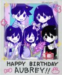  2girls 4boys antenna_hair artist_name aubrey_(headspace)_(omori) aubrey_(omori) basil_(headspace)_(omori) basil_(omori) black_eyes black_hair black_tank_top blue_shirt blush bow box bright_pupils brother_and_sister brothers character_name checkered_clothes closed_eyes closed_mouth collared_pajamas collared_shirt colored_skin commentary_request confetti double-parted_bangs expressionless flower gift gift_box gladiolus grin hair_between_eyes hair_bow hand_on_another's_head hand_on_another's_shoulder happy_birthday hero_(headspace)_(omori) hero_(omori) highres holding holding_flower holding_gift holding_stuffed_toy kel_(headspace)_(omori) kel_(omori) komekopan_720 long_hair long_sleeves looking_at_another mari_(headspace)_(omori) mari_(omori) mini_party_hat mr._plantegg_(omori) multiple_boys multiple_girls neckerchief omori open_mouth pajamas pink_bow purple_eyes purple_hair purple_sweater_vest red_neckerchief shirt short_hair short_sleeves siblings sidelocks smile striped_clothes striped_pajamas stuffed_eggplant stuffed_toy sweater_vest t-shirt tank_top teeth twitter_username v vertical-striped_clothes vertical-striped_pajamas white_pupils white_shirt white_skin 
