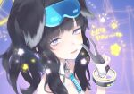  1girl animal_ears bangs bare_shoulders black_hair blue_archive blue_eyes blush dog_ears dog_girl gloves goggles goggles_on_head halo hibiki_(blue_archive) hibiki_(cheerleader)_(blue_archive) long_hair looking_at_viewer open_mouth parted_lips partially_fingerless_gloves paw_print ponytail s2j00 solo star_(symbol) star_sticker sticker sticker_on_face upper_body v 