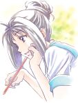  1girl blurry blurry_background colored_pencil commentary_request grey_eyes grey_hair hair_bun holding holding_pencil katagiri_ayako nekomaru_(nekohouse) pencil school_uniform short_sleeves smile tokimeki_memorial tokimeki_memorial_1 upper_body 