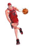  1boy ball basketball basketball_jersey basketball_uniform bekhoemi buzz_cut full_body highres holding holding_ball jersey korean_commentary looking_at_viewer male_focus red_footwear red_hair red_shirt red_shorts sakuragi_hanamichi shirt short_hair shorts simple_background slam_dunk_(series) sleeveless smile solo sportswear v-shaped_eyebrows very_short_hair white_background 