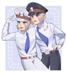  2boys absurdres arm_around_neck belt belt_buckle black_hat black_pants blue_necktie brothers brown_belt buckle collared_shirt commentary emmet_(pokemon) gloves grey_background grey_eyes grey_hair hat highres ingo_(pokemon) male_focus multiple_boys necktie open_mouth pants peaked_cap pokemon pokemon_bw shirt short_hair siblings smile sugino_(su_ginoo) twitter_username untranslatable_commentary white_gloves white_shirt 