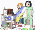  2girls aioi_yuuko ball barefoot baseball_cap birdweon black_eyes black_hair blue_eyes book book_stack bottle camera chiikawa commentary crayon daruma_otoshi drink_carton dvd_case english_commentary food green_pajamas hat hugging_object jar jaws_(movie) juice_box long_hair missing_poster mogura_(nichijou) multiple_girls nichijou orange_hair pajamas popcorn professor_shinonome red_slippers shinonome_nano short_hair simple_background sitting slippers soccer_ball spring_onion stuffed_animal stuffed_shark stuffed_toy television towel toy usagi_(chiikawa) white_background winding_key yellow_pajamas 