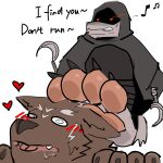  &lt;3 2023 absurd_res anthro arun_six black_cloak black_clothing black_nose blush blush_lines bodily_fluids bottomwear brown_body brown_fur canid canine canis claws cloak clothing death_(puss_in_boots) dialogue digital_media_(artwork) dreamworks drooling duo english_text feet foot_fetish fur hi_res hindpaw holding_object holding_weapon male male/male mammal melee_weapon multicolored_body multicolored_fur musical_note pants pawpads paws pink_pawpads puss_in_boots_(film) puss_in_boots_the_last_wish red_eyes saliva sickle simple_background text toe_claws two_tone_body two_tone_fur weapon white_background wolf 