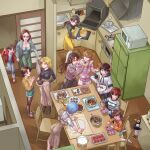  1boy 6+girls ? akagi_ritsuko alternate_costume ayanami_rei bag baking baking_sheet bird black_pantyhose blonde_hair blue_eyes blue_hair bottle breasts brown_hair brown_skirt cake can candy cardigan chair chocolate chocolate_making cleavage commentary_request denim denim_shorts dress drink_can food freckles from_above glasses green_skirt heart heart-shaped_chocolate heart-shaped_food highres holding holding_bag holding_hands holding_plate holding_whisk hood hooded_jacket hoodie horaki_hikari horaki_kodama horaki_nozomi ibuki_maya ikari_shinji indoors interface_headset_(evangelion) jacket jewelry kazumina kirishima_mana kitchen long_hair long_sleeves looking_at_another makinami_mari_illustrious medium_breasts medium_hair microwave mixing_bowl multiple_girls necklace neon_genesis_evangelion no_shoes oven_mitts own_hands_together paid_reward_available pantyhose pantyhose_under_shorts penguin penpen pink_cardigan pink_jacket pink_socks plate red-framed_eyewear red_jacket refrigerator rolling_pin sake_bottle shirt shopping_bag short_hair shorts siblings sisters sitting skirt socks souryuu_asuka_langley standing stove striped_clothes striped_jacket striped_shirt table twintails whisk white_hoodie white_pantyhose white_shirt white_socks yellow_dress 