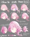  1girl alice_vu commentary english_commentary english_text grey_background guide hair_focus hair_intakes highres how_to medium_hair one_eye_closed original pink_hair signature simple_background 