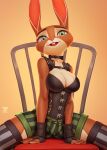  2023 anthro big_breasts breasts buckteeth cleavage clothed clothing female fur green_eyes hacatiko hi_res lagomorph leporid mammal multicolored_body multicolored_fur open_mouth open_smile orange_body orange_fur rabbit smile smiling_at_viewer solo tan_body tan_fur teeth two_tone_body two_tone_fur 