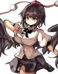  1girl absurdres black_hair black_skirt black_wings breasts commentary feathered_wings hat highres large_breasts looking_at_viewer medium_hair pom_pom_(clothes) puffy_short_sleeves puffy_sleeves red_eyes red_hat shameimaru_aya shirt short_sleeves simple_background skirt solo tengu tokin_hat touhou user_jnhm8724 white_background white_shirt wings 