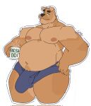  2022 4_fingers anthro areola belly biped bottomwear bulge canid canine canis clothed clothing digital_media_(artwork) domestic_dog fingers gabgbb genitals half-erect hi_res male mammal mostly_nude mug musclegut muscular muscular_anthro muscular_male narrowed_eyes navel nipples pecs penis simple_background smile solo thick_thighs topless underwear wide_hips 