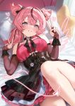 1girl :d absurdres aria_(discordant_note)_(zenless_zone_zero) aria_(zenless_zone_zero) black_bow black_bridal_gauntlets black_collar black_corset black_dress black_streaks blue_eyes bow breasts bridal_gauntlets collar commentary corset crossed_bangs double-parted_bangs double_v drawn_tail drawn_wings dress grin hair_between_eyes hair_bow highres indoors knee_up layered_dress looking_at_viewer lying medium_breasts multicolored_hair official_alternate_costume on_back on_bed pink_dress pink_hair quad_tails smile smilesmile1312 solo star-shaped_pupils star_(symbol) streaked_hair symbol-shaped_pupils v zenless_zone_zero 
