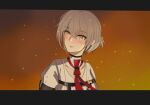  1girl blush commentary embers english_commentary girls&#039;_frontline grey_hair hair_between_eyes highres inapple letterboxed looking_to_the_side necktie orange_background shirt short_hair smile solo upper_body vector_(girls&#039;_frontline) white_shirt yellow_eyes 