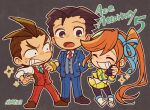  1girl 2boys ace_attorney antenna_hair apollo_justice arms_behind_back athena_cykes black_hair blue_jacket blue_necktie blue_pants bracelet brown_eyes brown_footwear brown_hair chibi closed_eyes collared_shirt crescent crescent_earrings earrings formal gloves hair_ribbon jacket jewelry long_hair long_sleeves looking_at_another multiple_boys necktie nono_(norabi) open_mouth orange_hair pants phoenix_wright phoenix_wright:_ace_attorney_-_dual_destinies ponytail red_necktie ribbon shirt short_hair side_ponytail single_earring single_glove skirt smile spiked_hair standing suit teeth vest white_shirt yellow_jacket yellow_skirt 