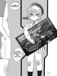  absurdres artist_name beret blush cheyanne_(girls'_frontline_2) commander_(girls'_frontline) crying crying_with_eyes_open english_text fos1x girls'_frontline girls'_frontline_2:_exilium hands_in_pockets hat highres m200_(girls'_frontline) m48_patton model_kit scene_reference shorts speech_bubble tears toy_tank 