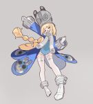  1girl absurdres arm_up blonde_hair blue_jacket closed_mouth commentary_request full_body garter_straps gloves grey_background grey_hat hat highres jacket large_hat long_hair norma_(zenless_zone_zero) open_mouth shinakou shoes simple_background solo stretching thighhighs white_garter_straps white_gloves white_shoes white_thighhighs zenless_zone_zero 