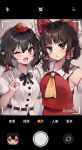  2girls absurdres ascot black_bow black_bowtie bow bowtie breasts brown_eyes brown_hair chinese_commentary chinese_text collared_shirt commentary_request detached_sleeves fake_phone_screenshot fake_screenshot frilled_bow frilled_hair_tubes frills fumo_(doll) hair_bow hair_tubes hakurei_reimu hat highres long_hair looking_at_viewer medium_breasts multiple_girls one_eye_closed open_mouth pointy_ears puffy_short_sleeves puffy_sleeves red_bow red_eyes red_hat selfie shameimaru_aya shirt short_sleeves smile taking_picture tokin_hat touhou translation_request utsuro114514 v white_shirt yellow_ascot 