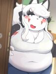  anthro belly big_breasts black_body black_fur blue_eyes blush breasts canid canine canis chest_tuft cleavage clothed clothing cute_fangs digital_media_(artwork) domestic_dog door doorknob doorway facial_markings female fingers fur hair head_markings hi_res huge_breasts husky inside looking_at_viewer mammal markings navel navel_outline nordic_sled_dog open_mouth open_smile overweight overweight_anthro overweight_female rantan_chan shirt smile snaggle_tooth solo spitz standing tank_top thick_thighs tongue topwear tuft white_body white_clothing white_fur white_hair white_shirt white_tank_top white_topwear 