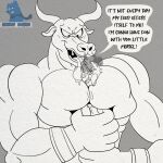 1:1 anthro bovid bovine dialogue duo english_text european_mythology face_lick greek_mythology hi_res imminent_vore licking male mammal mcwolf_comics minotaur muscular muscular_male mythology pecs size_difference text threatening_vore tongue