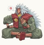  1boy book bruniosktch forehead_protector geta grey_hair highres holding holding_book japanese_clothes jiraiya_(naruto) long_hair male_focus naruto_(series) simple_background sitting solo speech_bubble white_background 