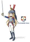  1girl aiguillette arm_up armor battle_standard belt blonde_hair blue_eyes blue_jacket boots breastplate breeches cavalry cavalry_helmet character_name closed_mouth crest cuirass english_text epaulettes feathers first_french_empire flag france french_army full_body gloves gun handgun helmet highres holding holding_sword holding_weapon holster invisible_floor jacket knee_boots leochan1202 long_hair looking_at_viewer military_uniform napoleonic_wars original pants plume raise_sword red_feathers shadow simple_background smile soldier solo spurs standing sword war_flag weapon white_background white_gloves white_pants 