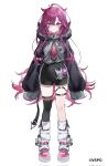  1girl a-pose ahoge asymmetrical_legwear black_shorts black_shrug black_thighhighs blush breast_pocket breasts chain charm_(object) closed_mouth commentary_request copyright_notice crossed_bangs dolphin_shorts full_body grey_shirt hair_flaps hair_ornament highres hood hood_down hooded_shrug horned_hood horns juno_umezono leg_warmers long_hair looking_at_viewer messy_hair mismatched_legwear necktie nekoyashiki_pushio o-ring official_art pendant_choker pink_shoes platform_shoes pocket purple_eyes purple_hair purple_necktie ribbed_leg_warmers shirt shirt_tucked_in shoes short_shorts shorts shrug_(clothing) simple_background single_thighhigh sleeve_belt sleeves_past_fingers sleeves_past_wrists solo standing tachi-e tamagotchi_(virtual_pet) thigh_strap thighhighs very_long_hair virtual_pet_(toy) virtual_youtuber vspo! vspo!_en white_background white_leg_warmers 