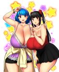  2girls absurdres arm_up bangs bare_shoulders black_hair black_shorts black_skirt blue_hair bracelet breasts camisole cleavage cowboy_shot earrings erkaz hair_ornament hair_scrunchie hand_on_hip hand_up highres huge_breasts jewelry lace_trim long_hair looking_at_viewer medium_hair multiple_girls open_mouth original outline purple_camisole red_eyes red_scrunchie red_tube_top rina_atherina scrunchie shorts skirt star_(symbol) strapless tube_top twintails v white_outline yukihana_(erkaz) 